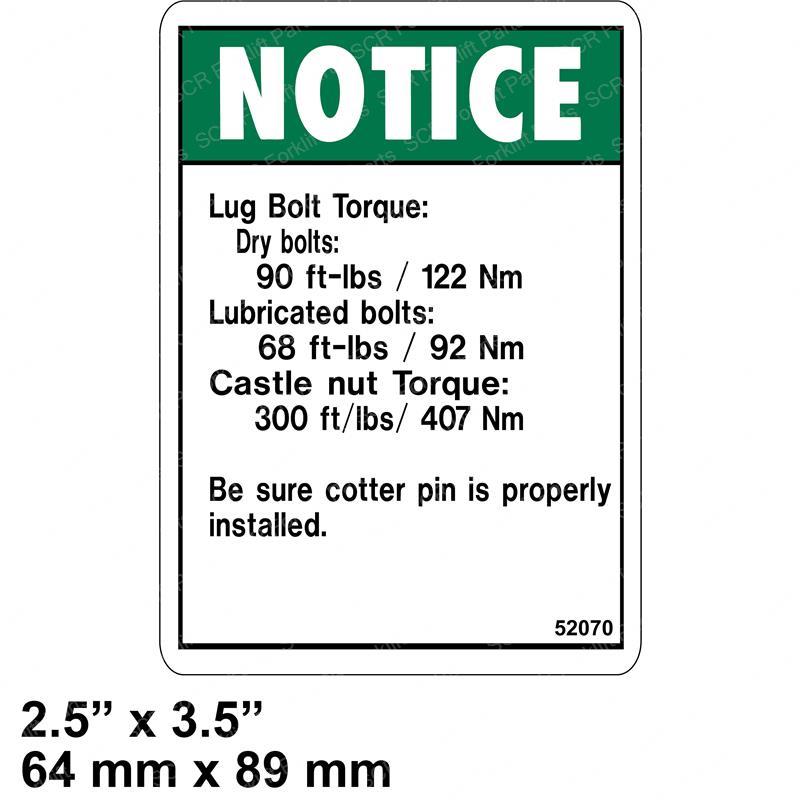 DECAL - NOTICE TIRE SPECS JL52070 jl52070 product image