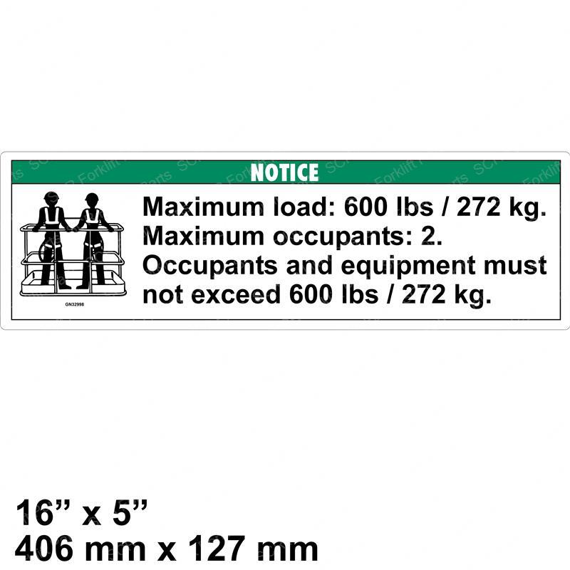 DECAL NOTICE MAX LOAD 600 LBS GN32998GT gn32998gt product image