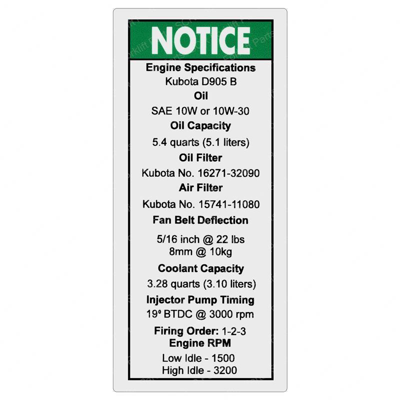 DECAL - ENGINE SPECS SY1230671 sy1230671 product image