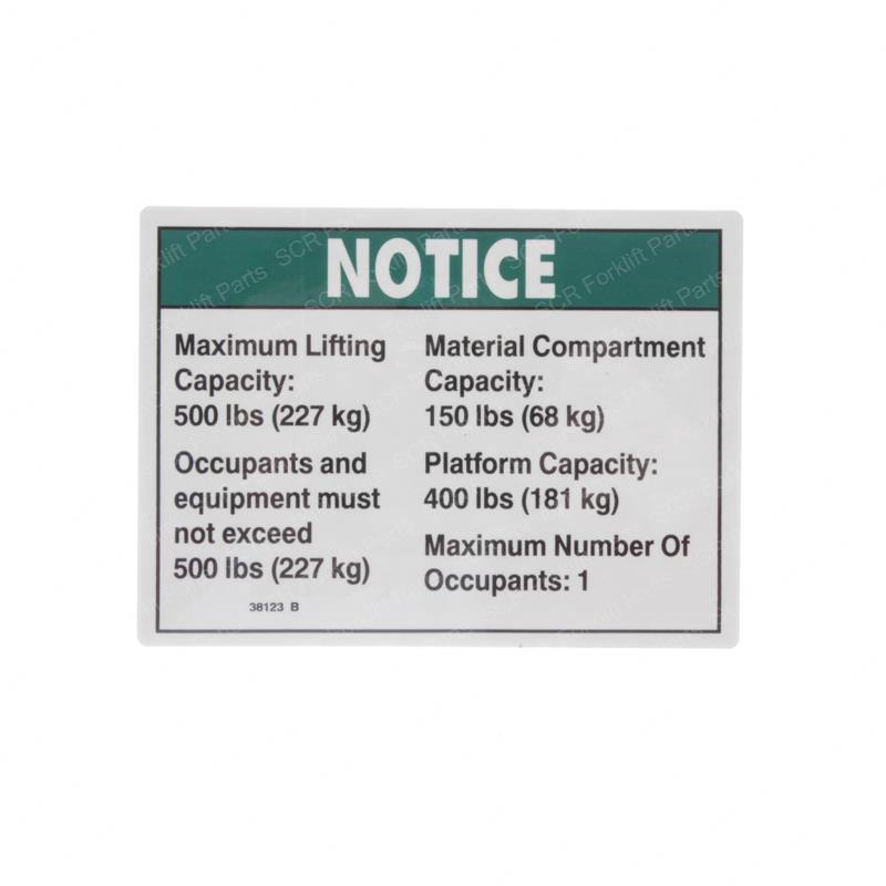 DECAL NOTICE MAX CAP 500 LBS GN38123KO gn38123ko product image