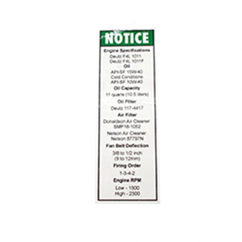 DECAL - NOTICE ENGINE SPECS GN33986C gn33986c product image